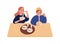 Hipster man and woman eating noodles at restaurant vector flat illustration. Cartoon couple enjoy ramen using chopstick