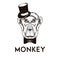 Hipster Monkey Muzzle Wearing Top Hat and Bowtie Vector Hand Drawn Illustration