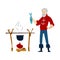 Hipster old man cooking fish on bonfire, cartoon fisherman in red sweater