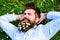 Hipster on peaceful face lays on grass, top view. Man with long beard and mustache, defocused green meadow background