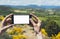 Hipster photograph on smart phone gadget mobile, mock up of blank screen. Traveler hold using in hand mobile on background mount