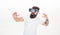 Hipster play virtual sport game. Man bearded gamer VR glasses white background. Virtual reality game concept. Cyber