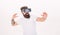 Hipster play virtual sport game. Man bearded gamer VR glasses white background. Virtual reality game concept. Cyber