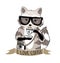 Hipster raccoon vector illustration. Raccoon with coffee and glasses.