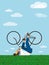 Hipster rides a bicycle in the sky