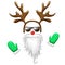 Hipster santa face mask in sunglasses with antlers headband red nose long beard and mittens. Christmas costume clipart