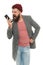 Hipster smartphone call friend. Stylish guy use mobile phone. Mobile call concept. Important conversation. Man bearded