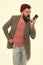 Hipster smartphone call friend. Stylish guy use mobile phone. Mobile call concept. Important conversation. Man bearded