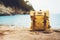 Hipster swimming mask on background blue sea ocean horizon, hiker tourist yellow backpack on sand beach, blurred panoramic sea