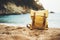 Hipster swimming mask on background blue sea ocean horizon, hiker tourist yellow backpack on sand beach, blurred panoramic seascap