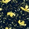 Hipster travel leaf seamless pattern. Hand drawn blue vector background. Vintage floral print of big yellow flowers cosmey