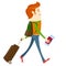 Hipster-traveler walking and holding passport, ticket and suitcase