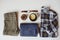 hipster or traveller woman casual fashion set flat lay. Plaid shirt, blue cross body bag and khaki pants