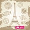 Hipster or vintage postcard background - Eiffel Tower with love prints
