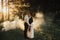 Hipster wedding couple kissing in forest in sunset light in fog