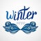 Hipster winter card with creative mustache. Vector calligraphic word with blue decor.