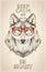 Hipster wolf portrait with glasses, hand drawn graphic illustartion