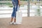 hipster woman with white tote bag in the park