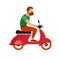 Hipster young bearded man character with retro red scooter on the white background