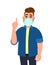 Hipster young man covering face with medical mask and pointing finger up symbol. Person wearing hygienic facial protection.