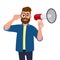 Hipster young man looking through magnifying glass or magnifier and holding megaphone or loudspeaker. Bearded person seeing.