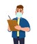 Hipster young man wearing medical mask and writing on clipboard. Trendy person covering face protection from virus disease.