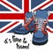 Hipster youth shoes and cap. London landscape with big ben. Vector illustration