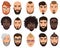 Hipsters stylish bearded men with different color hairstyles, mustaches, beards isolated.