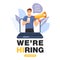 We are hiring concept banner. Man shouting on megaphone with join our team word. Laptop notebook screen.