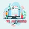 We are hiring design template with laptop, cv and geometric shapes. Vector illustration.