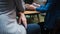 Hiring, interview. Woman hides under the table fingers cross, excitement and stress.