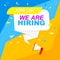 We are hiring a label. Blue and yellow style on a red, orange background. Mega idea and suggestion, geometric shapes. Vector