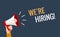 We hiring now banner job offer vector background. Hiring promotion megaphone employee illustration