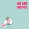 We are hiring template, shouting megaphone vector 3d realistic style on blue banner background, concept of join us, job vacancy