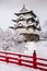 Hirosaki Castle and its red wooden bridge in winter season, Aomori, Tohoku, Japan