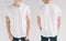 Hirt design and people concept - close up of young man in blank white tshirt front and rear isolated. Mock up template