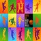 His is Basketball Concept Poster and Banner with Players silhouettes Flat cartoon icons on isolated multicolored background