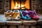 his and hers slippers side by side near a stone fireplace