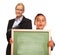 Hispanic Boy Holding Blank Chalk Board and Teacher