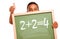 Hispanic Boy Holding Chalkboard with Equation