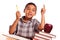 Hispanic Boy Raising His Hand, Books, Apple, Pencil and Paper