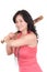 Hispanic business woman with baseball bat in hands