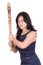 Hispanic business woman with baseball bat in hands