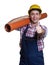 Hispanic construction worker with water pipe showing thumb