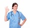 Hispanic lady nurse smiling with ok finger sign