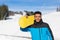 Hispanic Man Hold Snowboard Ski Resort Winter Snow Mountain Cheerful Happy Smiling Guy