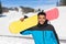 Hispanic Man Hold Snowboard Ski Resort Winter Snow Mountain Cheerful Happy Smiling Guy