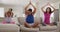 Hispanic parents and daughter sitting on the sofa meditating at home