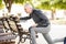 Hispanic senior man exercising in a park