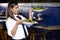 Hispanic waitress serving salads